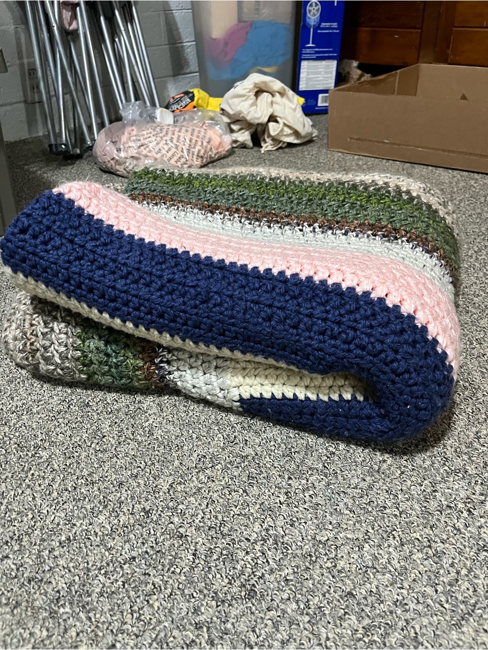 Handmade Big Thick Chunky Striped Crochet Blanket - Multicolor Neutral Rainbow - Picture 3 of 7